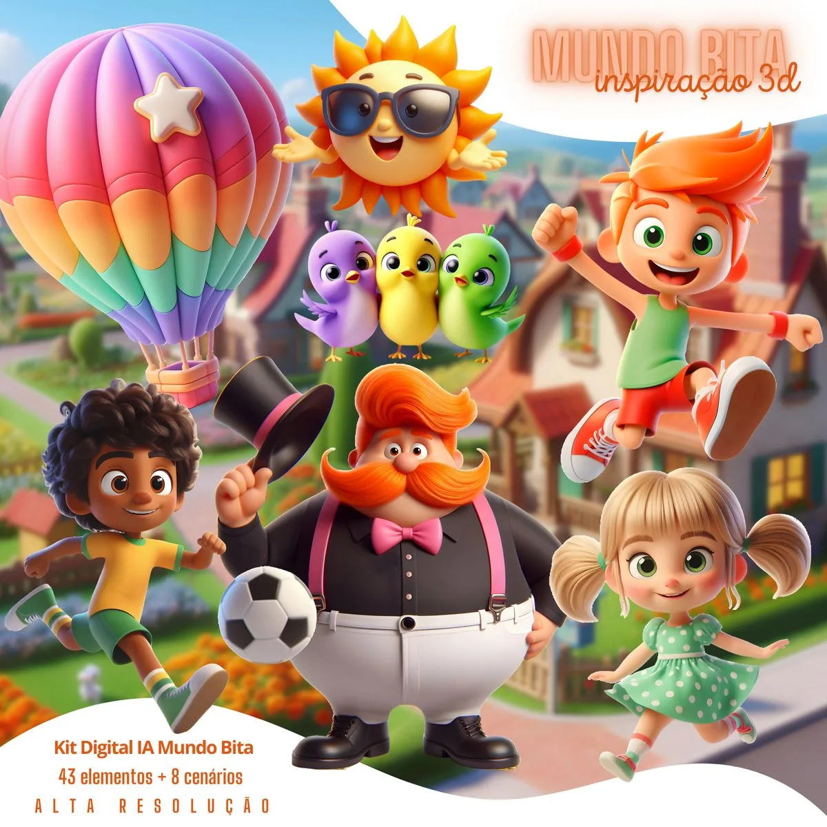 Ilustração 3D colorida com personagens infantis, balão de ar quente, sol e passarinhos.