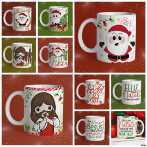 Coleção de canecas brancas personalizadas com estampas temáticas de Natal e ilustrações fofas.