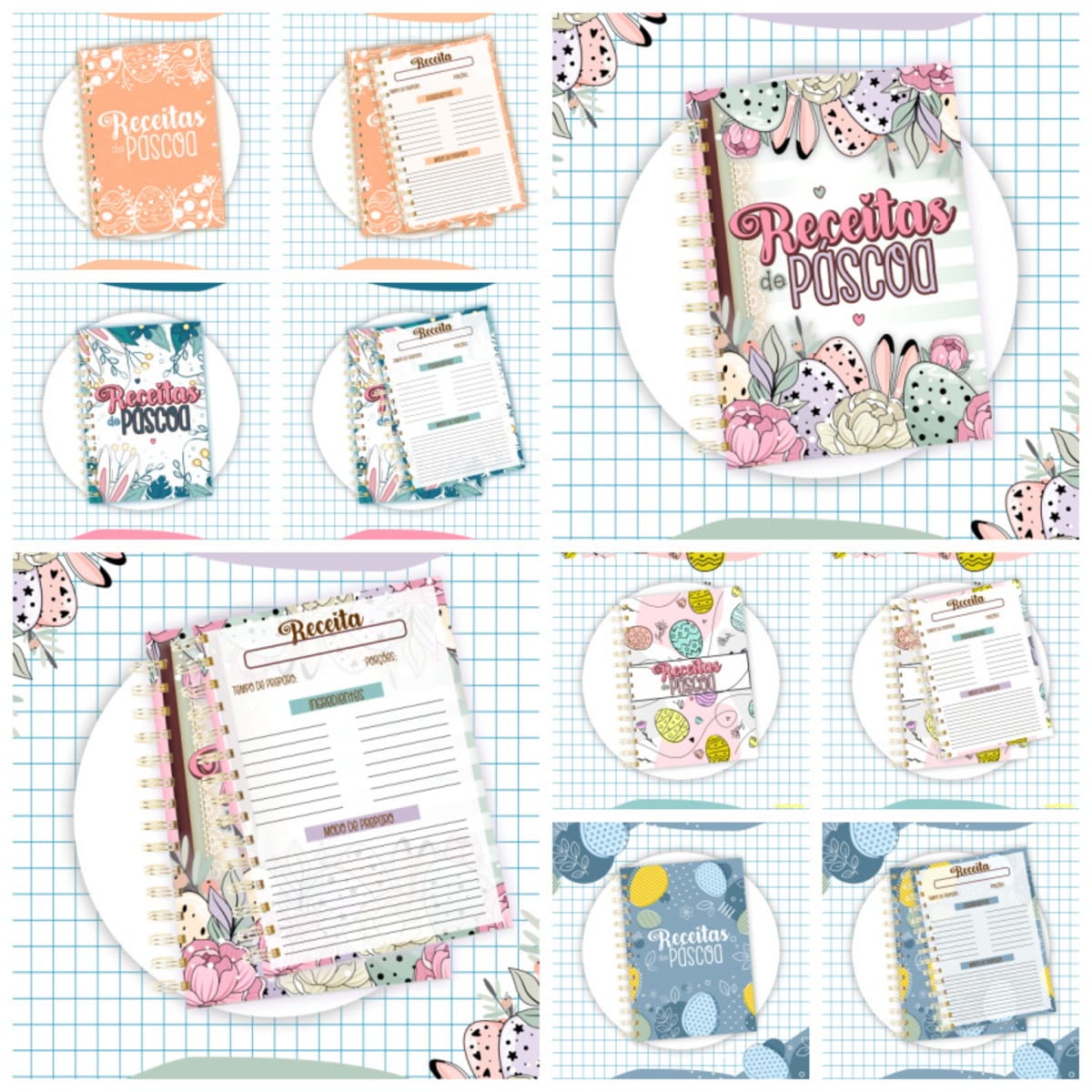 Kit Digital Páscoa Receitas com Capas e Miolo em PDF 1 Diversos cadernos espiralados digitais com temas de Páscoa e receitas ilustradas.