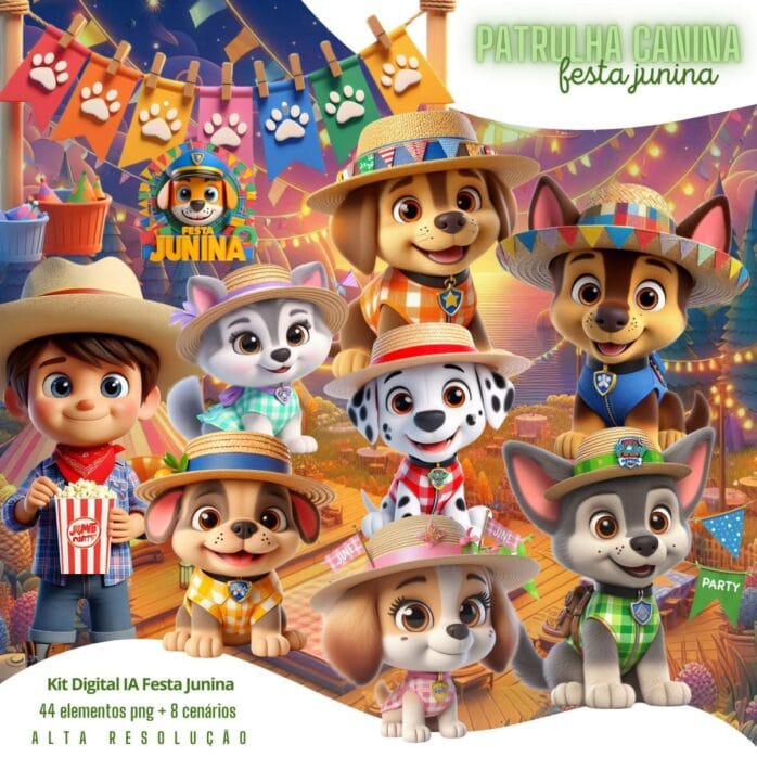 Kit Digital Patrulha Canina Festa Junina Png Ilustrações 3D