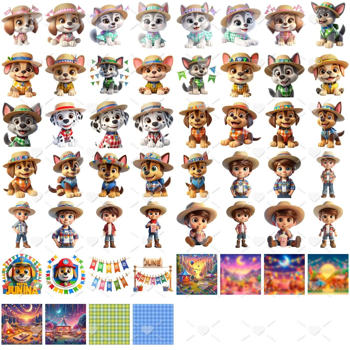 Kit Digital Patrulha Canina Festa Junina Png Ilustrações 3D 2 Conjunto de figuras de cachorros e crianças com chapéu de palha estilo junino colorido.