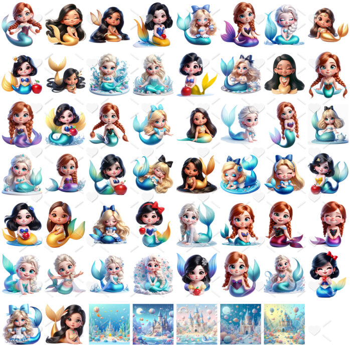 Kit Digital Princesas Sereias Ilustrações Mascotinhas Fofas