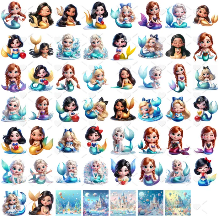 Kit Digital Princesas Sereias Ilustrações Mascotinhas Fofas