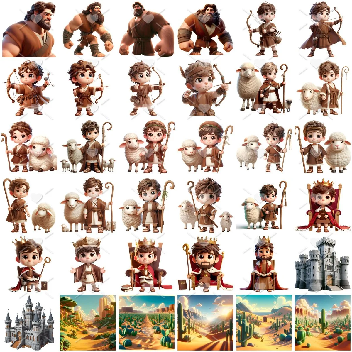 Kit Digital Rei Davi e Golias 3D Cute Fofo Ilustrações Png