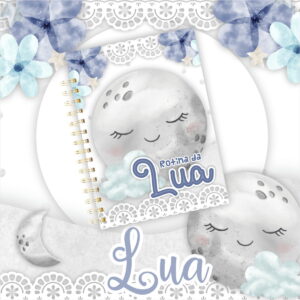 Caderno espiral decorado com ilustrações de lua, nuvens e flores em tons azuis.
