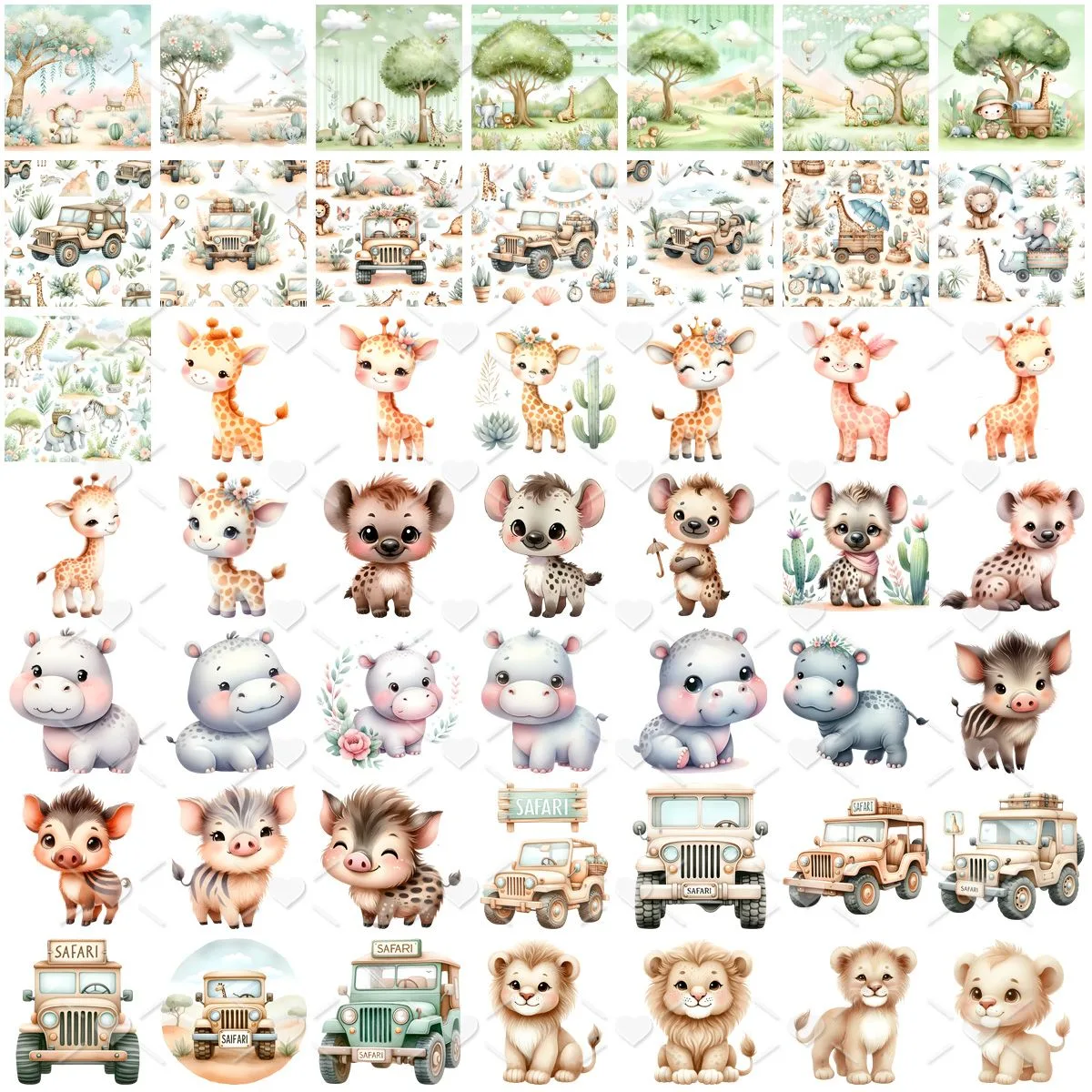 Coleção de ilustrações digitais em aquarela com animais da selva em estilo infantil.