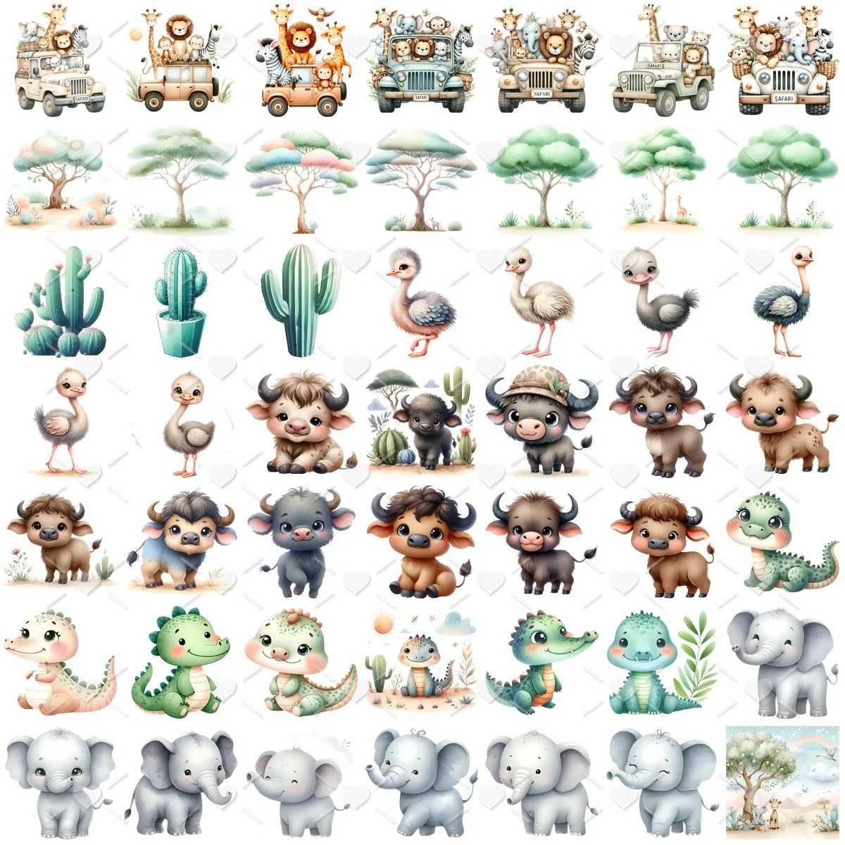 Coleção de ilustrações digitais em aquarela com animais e elementos de safári