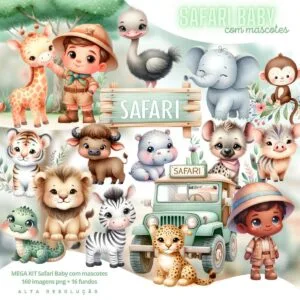Kit Digital Safari Baby Aquarela Png Ilustrações Mascotinhos