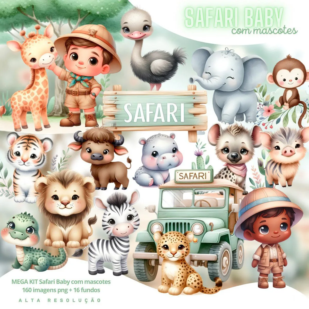 Ilustrações digitais de animais bebês e exploradores em estilo infantil para safari.