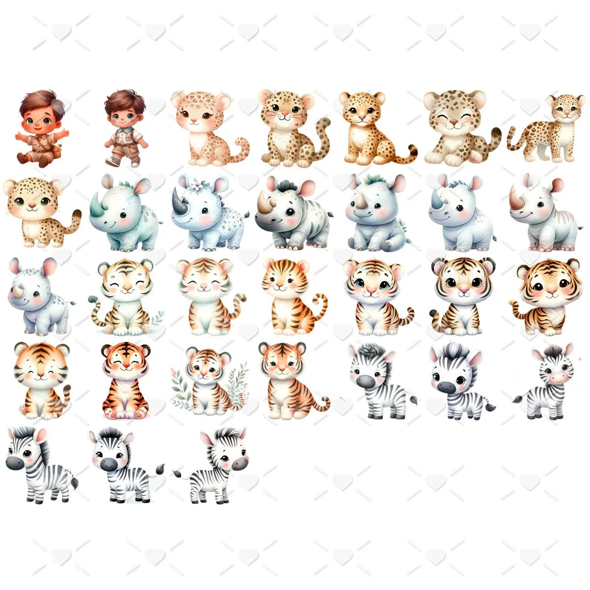 Ilustrações digitais em aquarela de vários animais fofos estilo infantil.