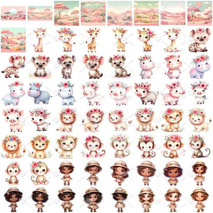 Kit Digital Safari Rosa Aquarela 3D Cute Ilustrações Png