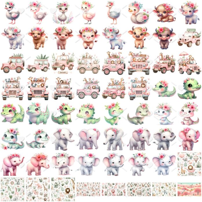 Kit Digital Safari Rosa Aquarela 3D Cute Ilustrações Png