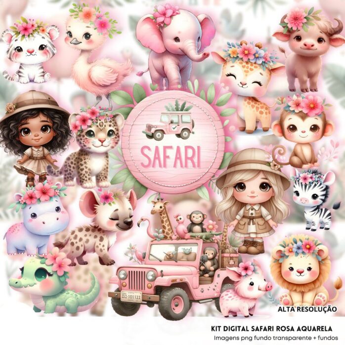 Kit Digital Safari Rosa Aquarela 3D Cute Ilustrações Png