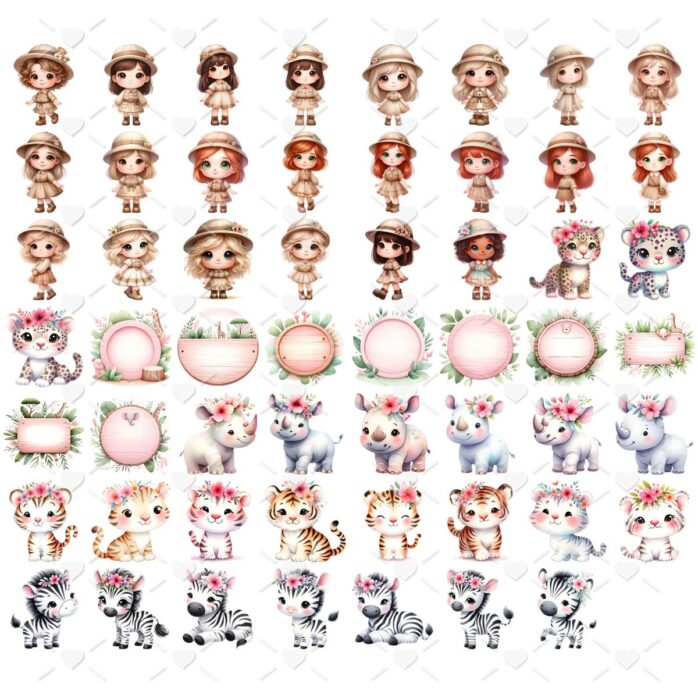 Kit Digital Safari Rosa Aquarela 3D Cute Ilustrações Png