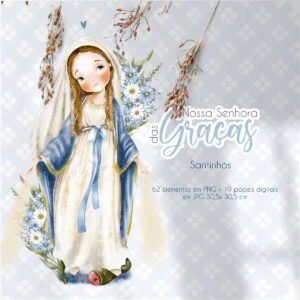 Ilustração infantil de figura religiosa com flores e ramos em fundo quadriculado azul.