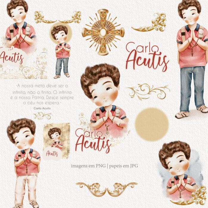 Kit Digital Santinhos Beato Carlo Acutis PNG Aquarelado