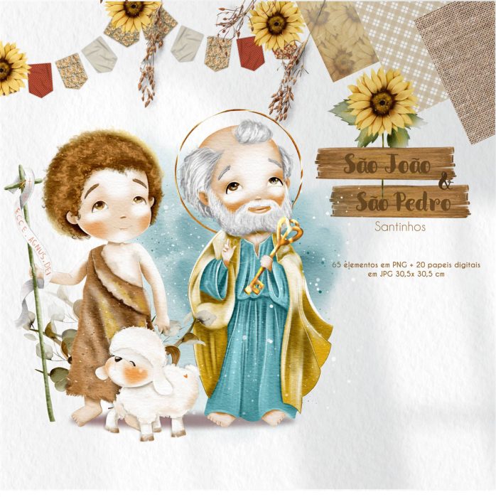 Kit Digital Santinhos Em Aquarela São Pedro e São João Png