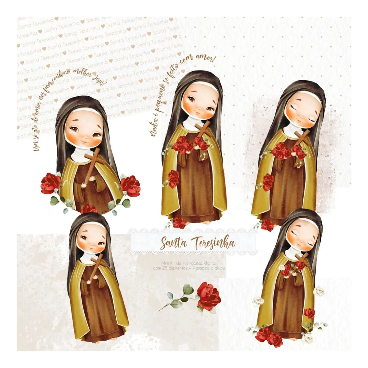 Kit Digital Santinhos Santa Terezinha Aquarelada Strapbook