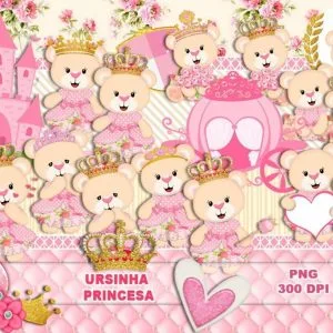 Kit Digital Ursinha Princesa Rosa Ilustrações Png Scrapbook