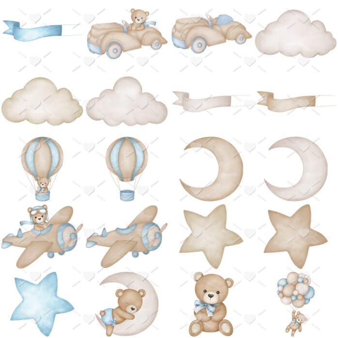 Kit Digital Ursinho Aviador Baloeiro Azul Fofo Aquarela Png