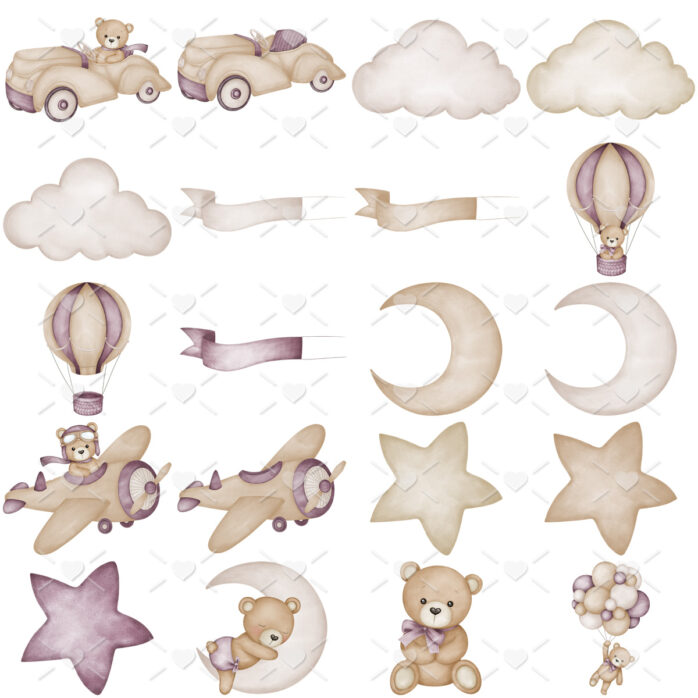 Kit Digital Ursinho Aviador Baloeiro Roxo Fofo Aquarela Png