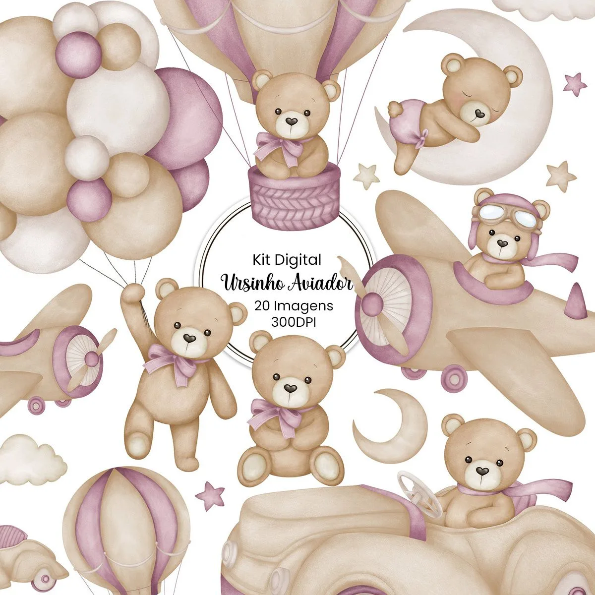 Kit Digital Ursinho Aviador Baloeiro Roxo Fofo Aquarela Png 1 Ilustrações de ursinhos em tons pastéis com balões, aviões e elementos decorativos celestiais.