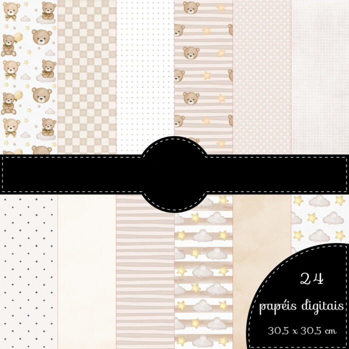 Kit Digital Ursinho Bege Com Dourado Png 2