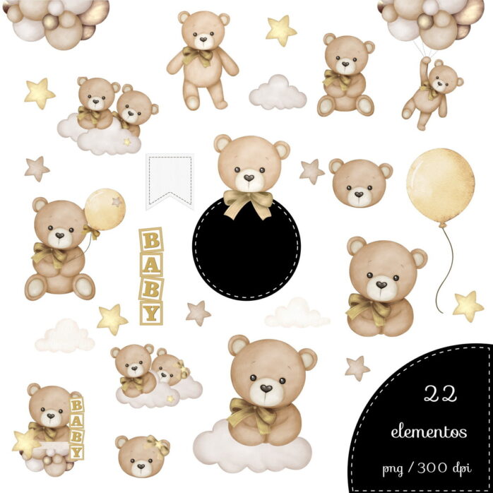 Kit Digital Ursinho Bege Com Dourado Png 3