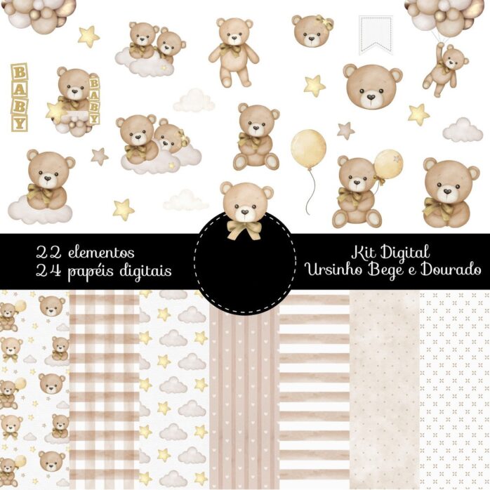 Kit Digital Ursinho Bege Com Dourado Png 4