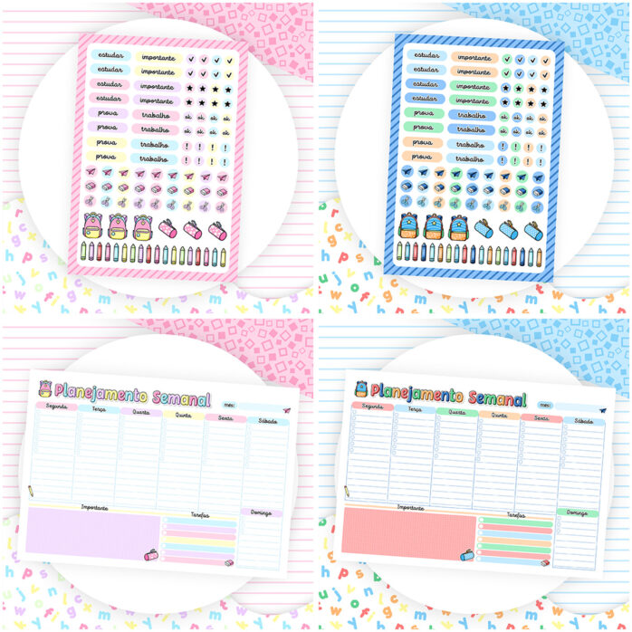 Kit Digital Volta às Aulas Agendas Cadernos Tabuada Ilustrações