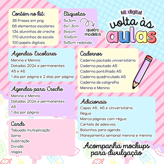 Kit Digital Volta às Aulas Agendas Cadernos Tabuada Ilustrações