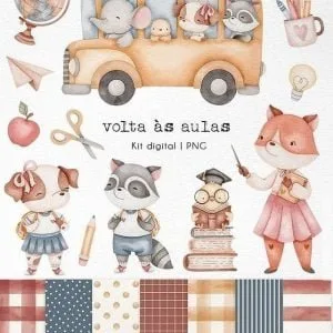 Kit Digital Volta As Aulas Animais Aquarelados Escolar Png