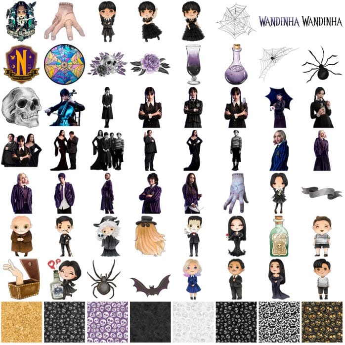 Kit Digital Wandinha Wednesday Família Addams Scrapbook Png