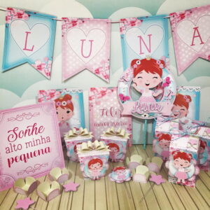 Kit de festa digital com bandeirolas, caixas personalizadas e toppers de bolo.