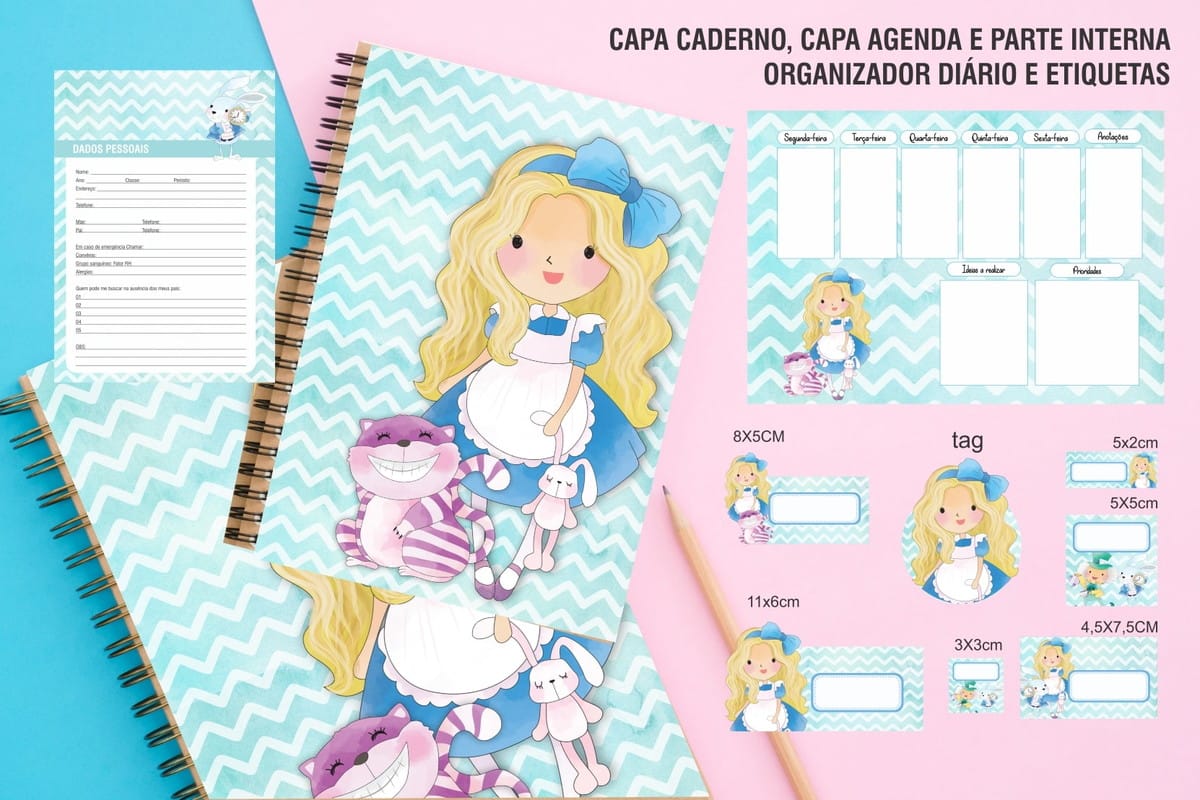 Kit Encadernação Alice Digital para Cadernos e Agendas 1 Arte digital de capa de caderno, organizador diário e etiquetas com personagem de conto de fadas, gato e coelho.