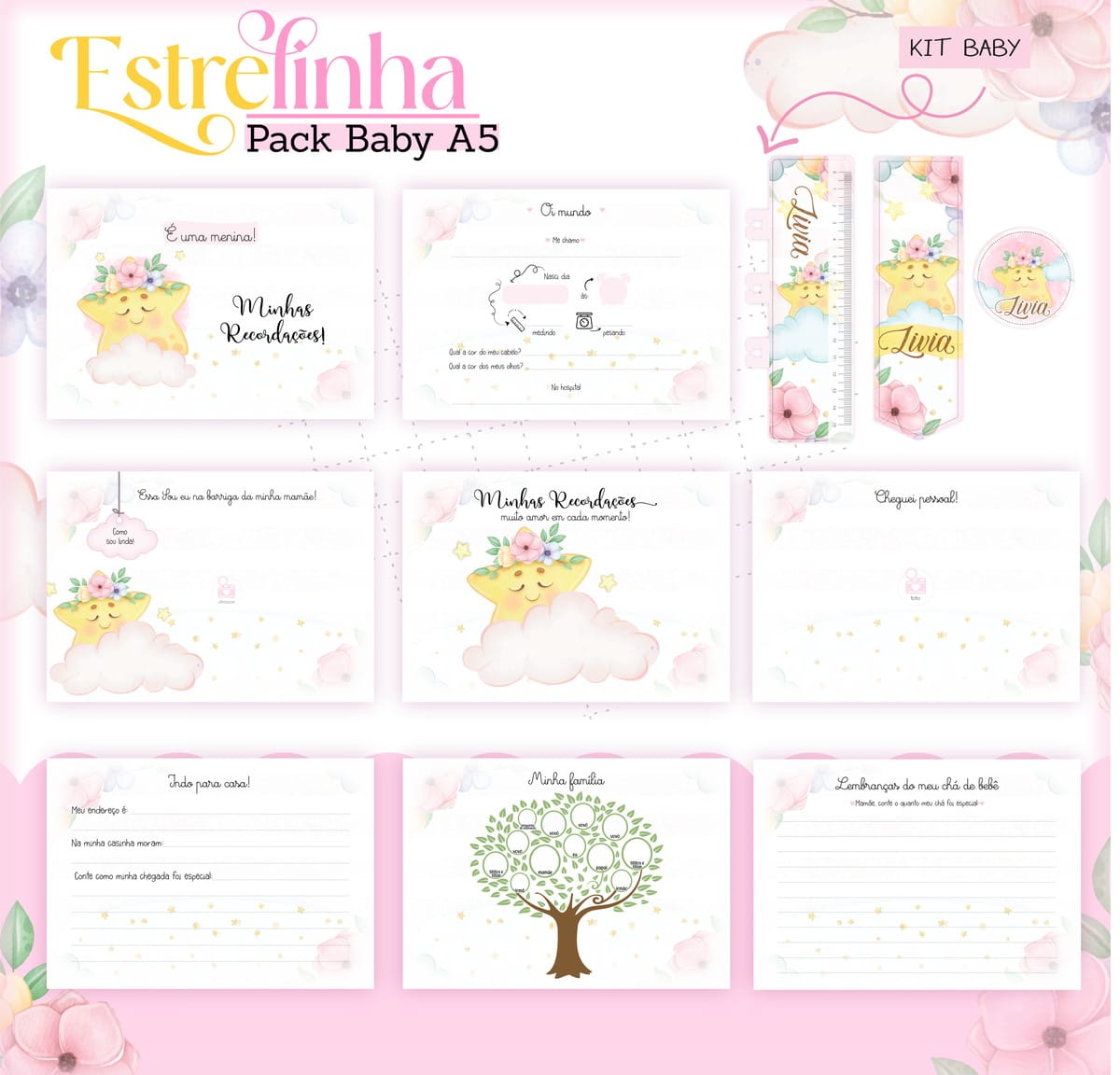 Kit Encadernação Baby Estrelinha Menina Arquivo Digital 2 Apresentação visual de páginas em formato A5 com ilustrações infantis e delicadas.