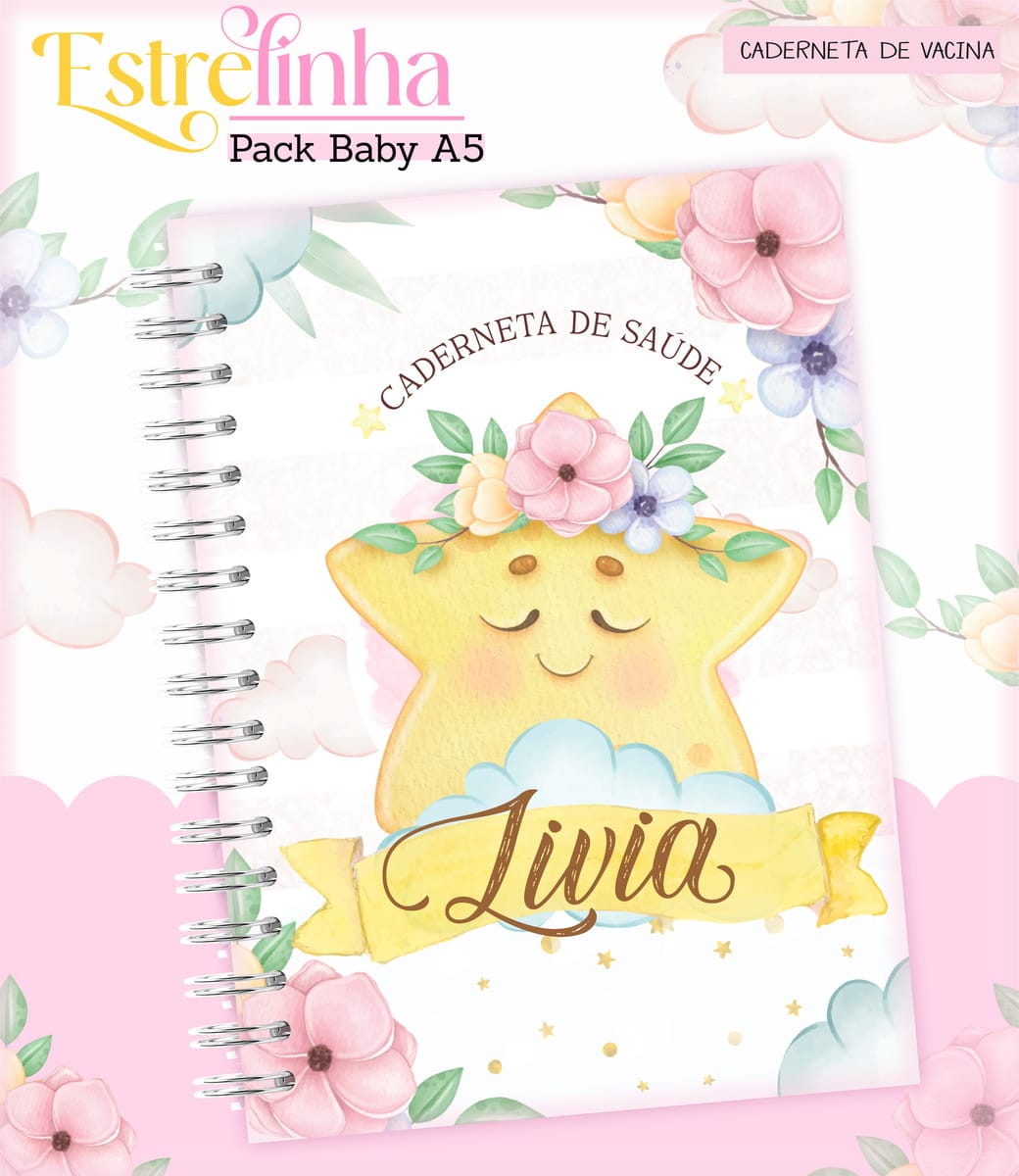 Kit Encadernação Baby Estrelinha Menina Arquivo Digital 3 Caderno de saúde espiralado com ilustração de estrela sorridente e flores em aquarela.