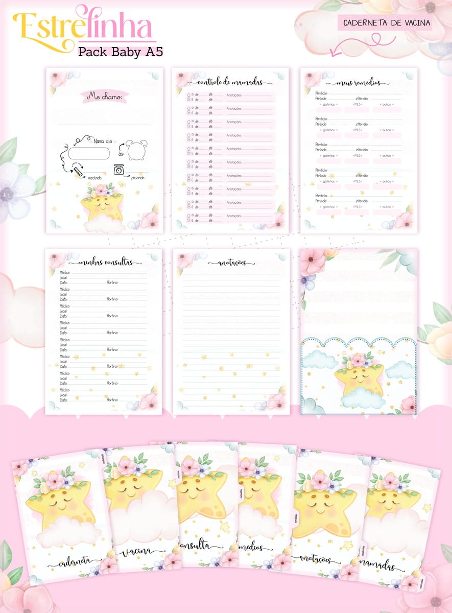 Kit Encadernação Baby Estrelinha Menina Arquivo Digital 4 Amostra digital de páginas e capas decoradas para caderneta com tema infantil suave.