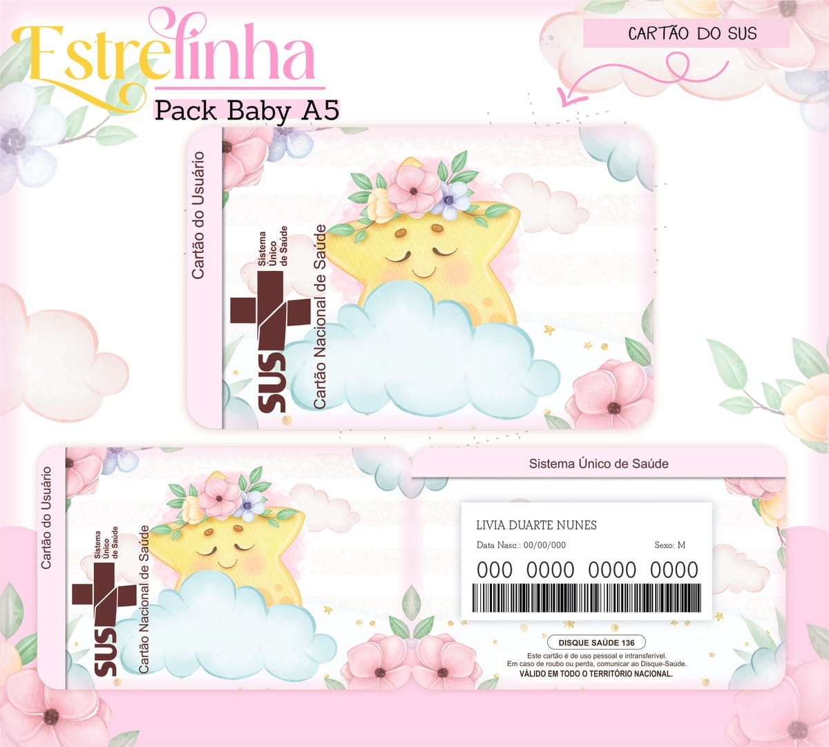 Kit Encadernação Baby Estrelinha Menina Arquivo Digital 5 Arte digital de cartão infantil com estrela e nuvem em tons pastel.