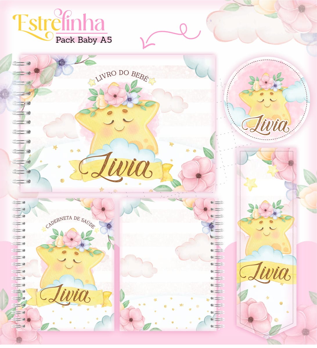Kit Encadernação Baby Estrelinha Menina Arquivo Digital 1 Arte digital rosa com estrelas, flores e nuvens para itens infantis personalizados.
