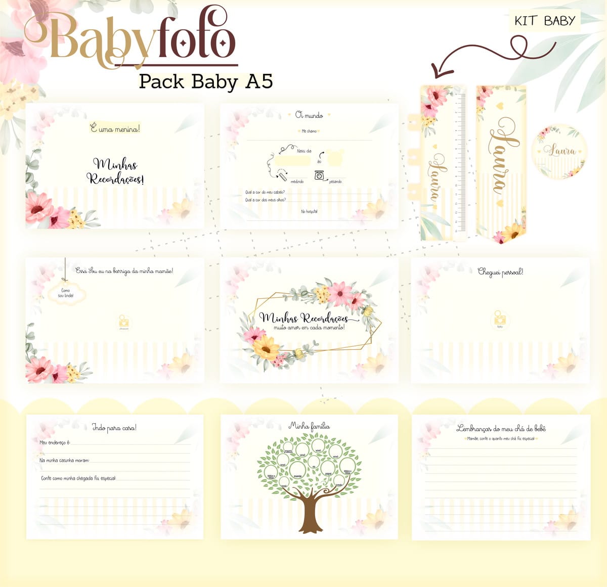 Kit Encadernação Baby Menina Digital para Scrapbooking 3 Arte digital de kit baby com cartões decorados e flores em tons pastéis.