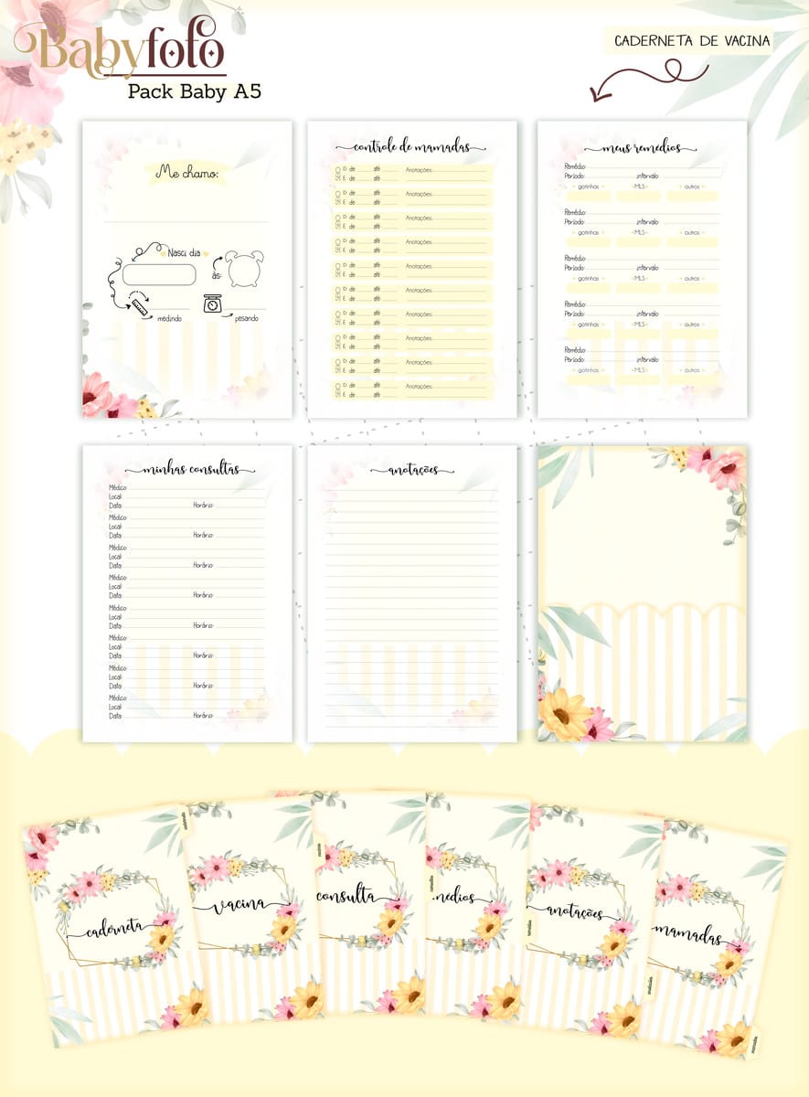 Kit Encadernação Baby Menina Digital para Scrapbooking 5 Paginas decoradas com tema infantil e floral dispostas em grade para impressao.