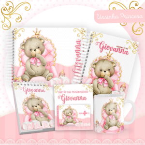 Arte digital rosa com ursinha princesa e nome personalizado para bebês.