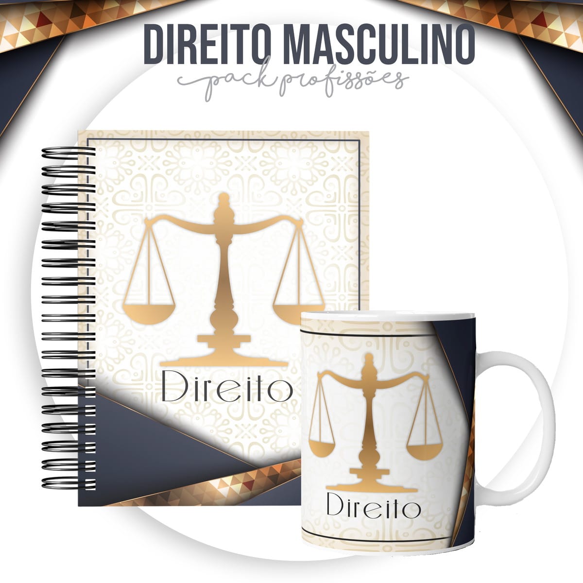 Kit Encadernação Direito Masculino Digital para Agendas 2 Caderno espiral e caneca branca com estampa dourada de balança da justiça e texto.