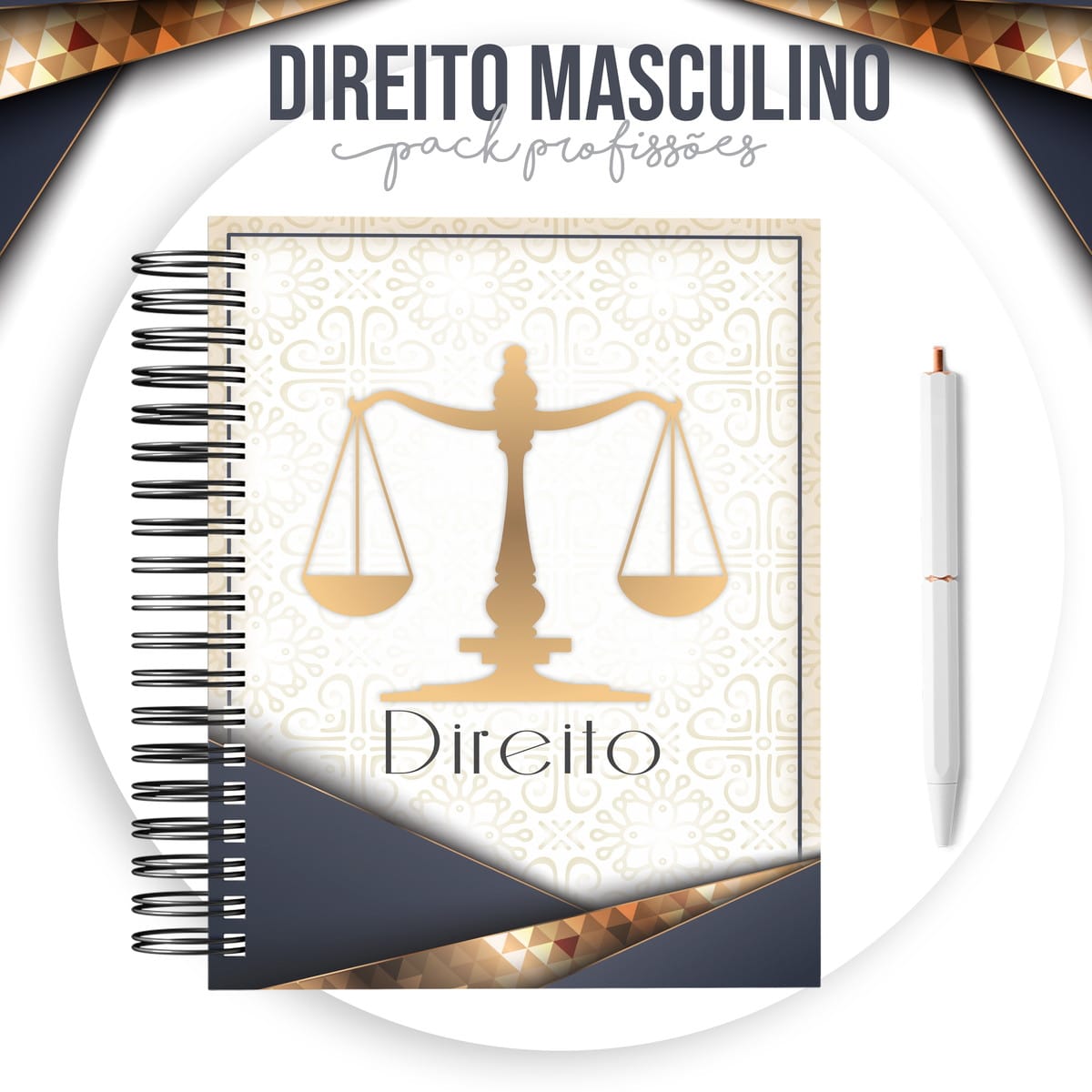 Kit Encadernação Direito Masculino Digital para Agendas 3 Caderno espiral com capa decorada e símbolo de balança dourada ao centro.