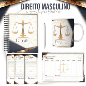 Kit de papelaria digital com caderno caneca organizador semanal e blocos com tema jurídico.