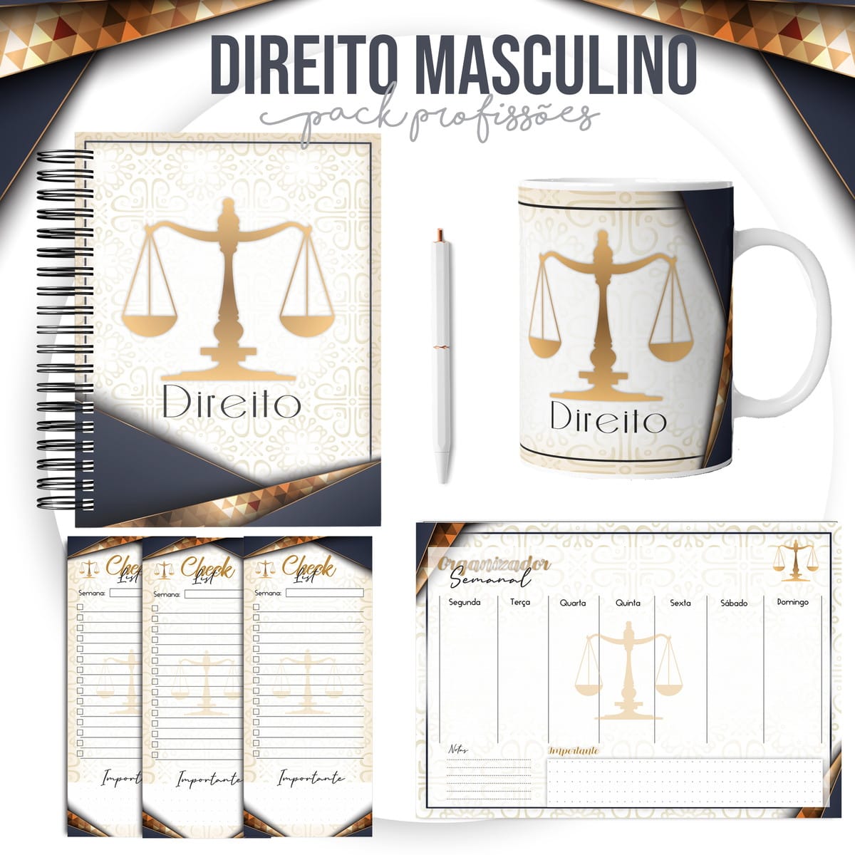 Kit Encadernação Direito Masculino Digital para Agendas 1 Kit de papelaria digital com caderno caneca organizador semanal e blocos com tema jurídico.