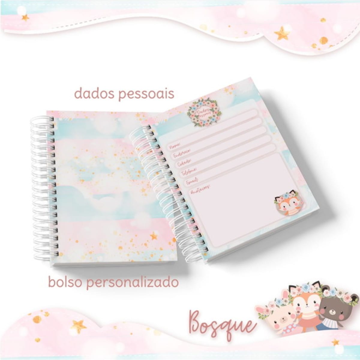 Kit Encadernação e Sublimação Bosque Menina Digital 2 Dois cadernos digitais com design pastel, estrelas douradas e animais fofos.