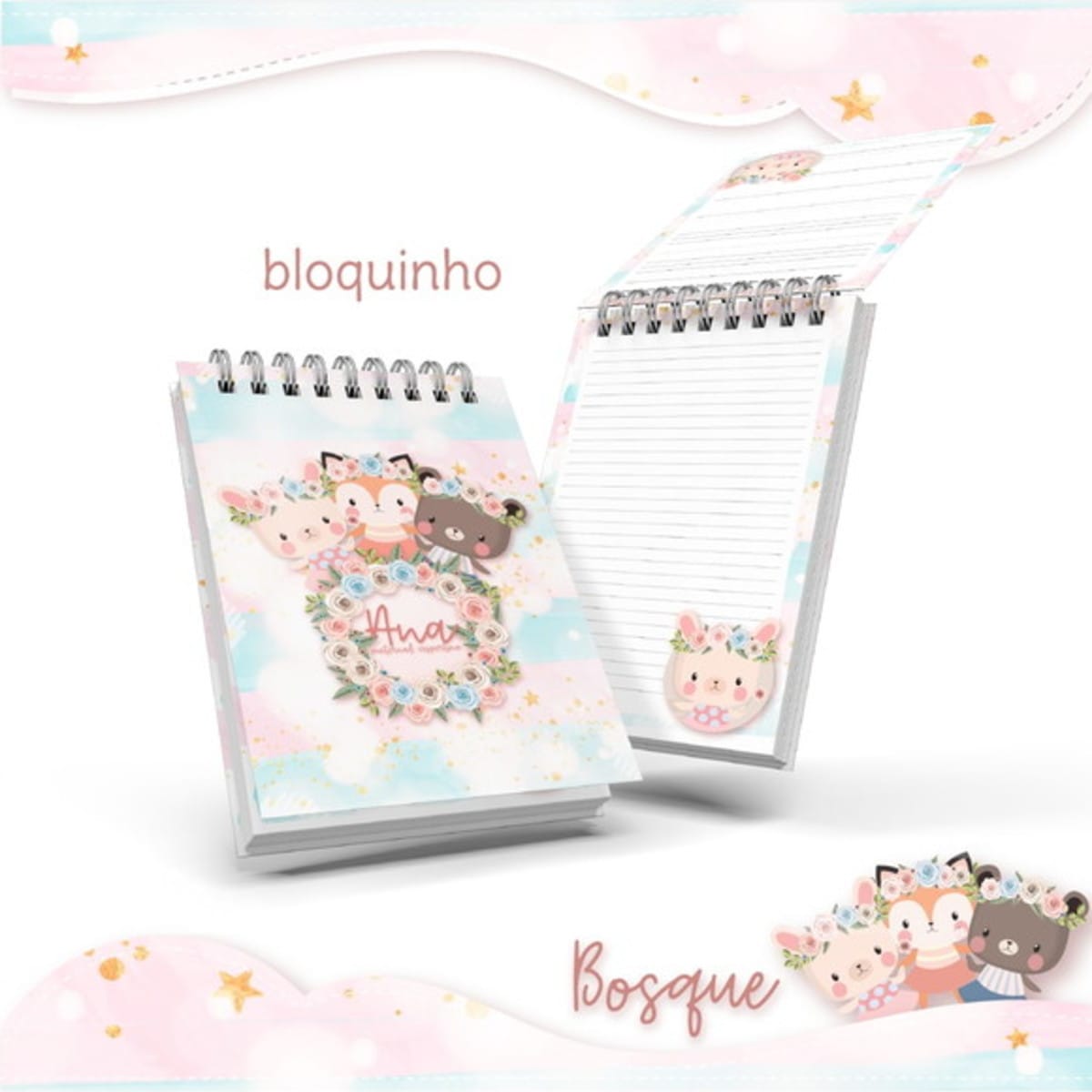 Kit Encadernação e Sublimação Bosque Menina Digital 3 Arte digital de bloquinhos com coelho, raposa, urso e design de nuvens pastel.