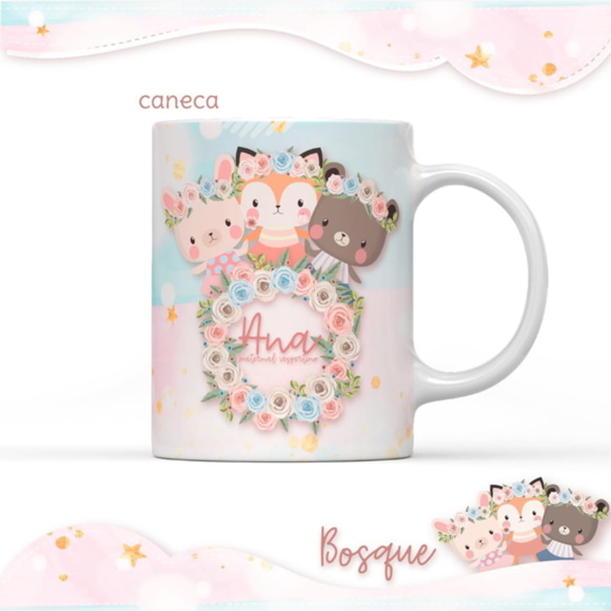 Kit Encadernação e Sublimação Bosque Menina Digital 4 Arte digital de caneca com coelho, raposa e urso em coroas florais.